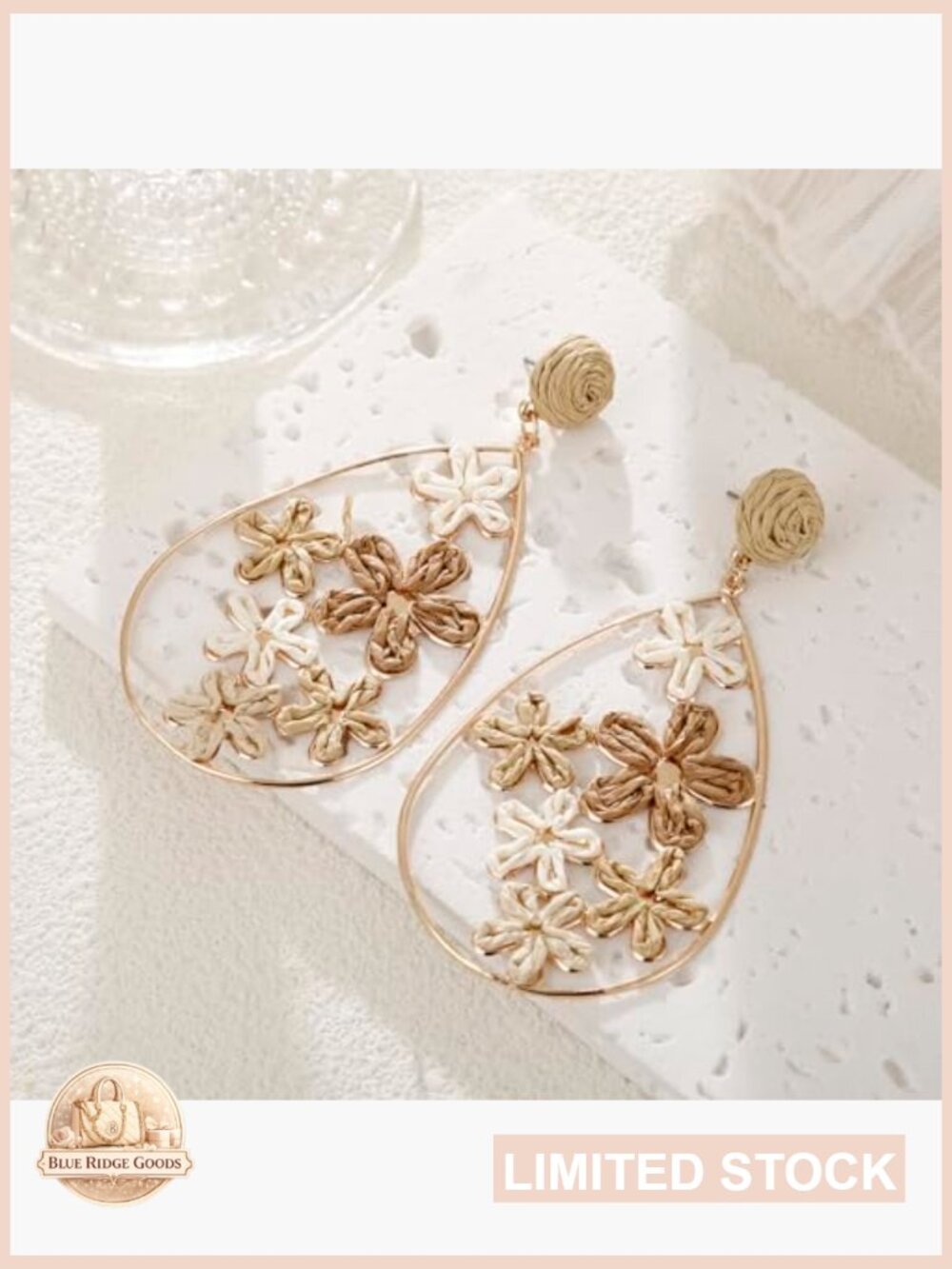Handmade Raffia Flower Earrings Teardrop Dangle Statement - Picture 4 of 7